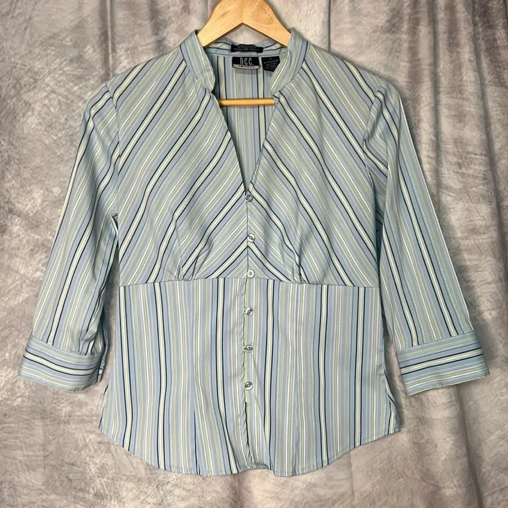 DCC Missy Green, Blue, Sage and White Striped Button Down 3/4 Sleeve Blouse - Picture 7 of 10